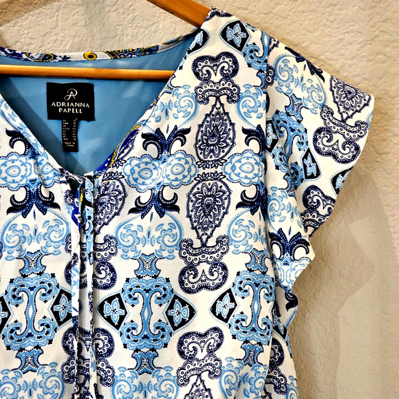 Adrianna Papell Floral Maxi Dress Size 12 Blue w Tassel Tie Front Stretch Waist - Picture 4 of 16